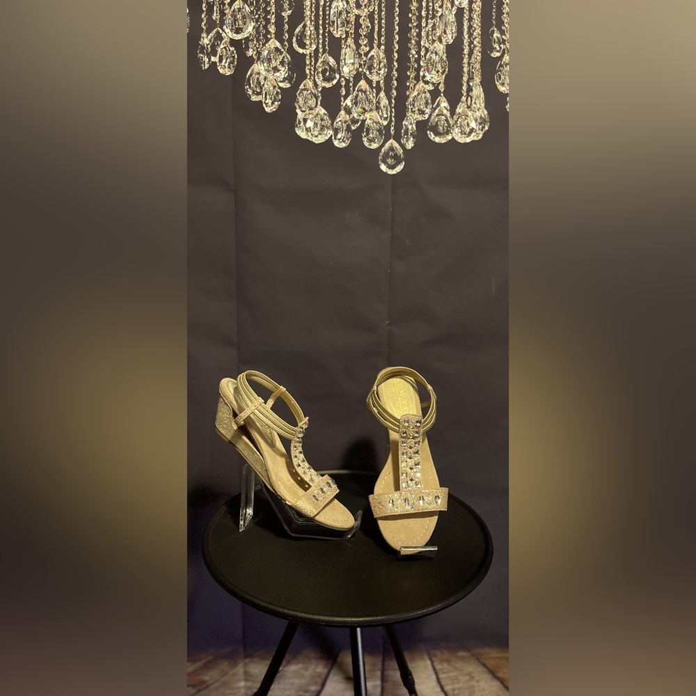 Low wedge gold sandals with rhinestones